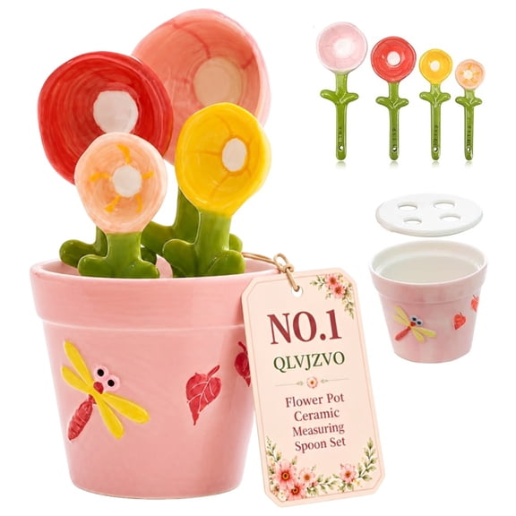 Flower Pot Ceramic Measuring Spoon Set, 5PCS Cute Spoons Cups with Base, Ceramic Baking Measuring Spoons with Holder for Dry & Wet Ingredients, Unique Baking Supplies Gift, Dishwasher Safe