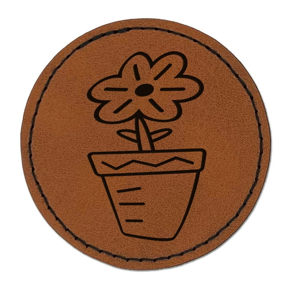 Flower Pot Doodle 2.5" Faux Leather Round Engraved Iron-On Patch - Brown