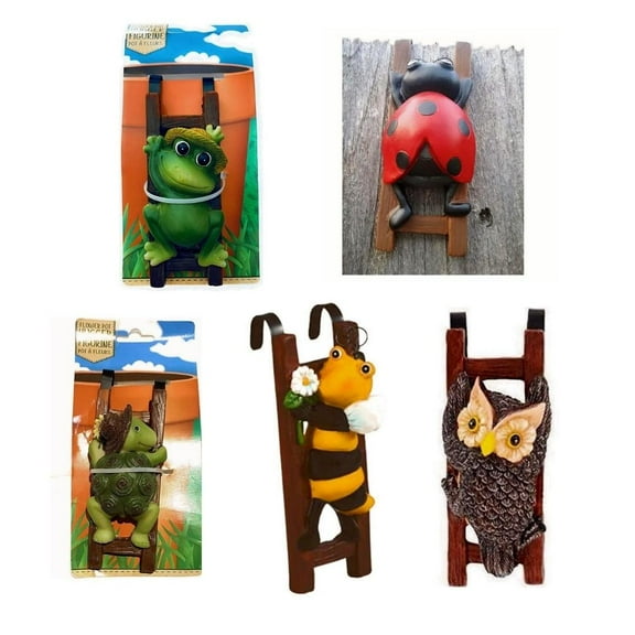Flower Pot Hugger Figurine Style May Vary Assorted (4 Pcs) Bumblebees, Ladybugs, Frogs, Turtles, Owls Garden Fun Collections of Pot Pal Climbers Hanging Planter Decorations Patio Decor Yard Decor