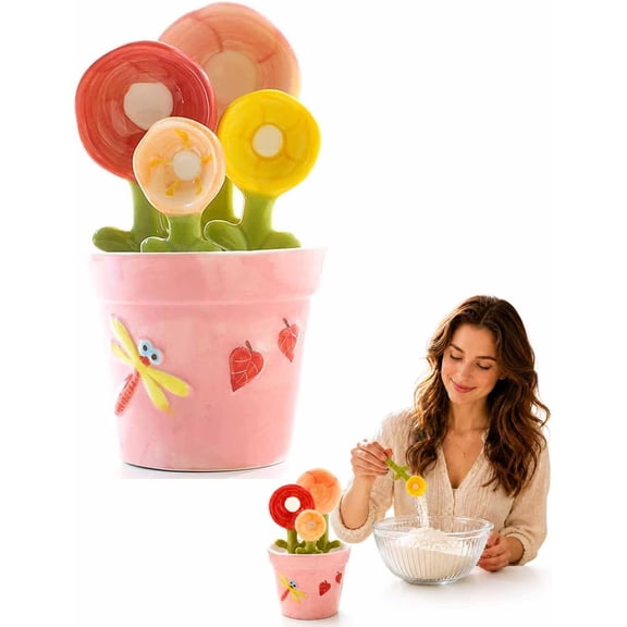 Flower Pot Measuring Spoons, Ceramic Flower-Shaped Baking Spoon Set with Decorative Pot Holder, 4-Piece Nested Kitchen Measuring Tools for Cooking, Baking and Daily Use (Pink)
