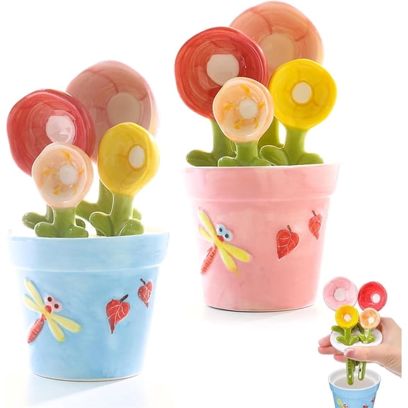 Flower Pot Measuring Spoons, Cute Ceramic Flower Shaped Measuring Cups, 4 Pack Ceramic Decorative Flower Shaped Kitchen Accessories (Pink+Blue)