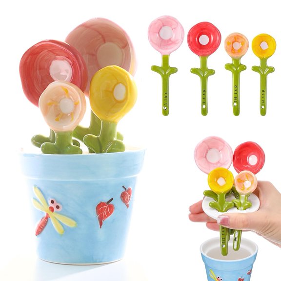 Flower Pot Measuring Spoons Set, Cute Ceramic Flower Spoons, Decorative Cute Figurine for Baking Cooking Kitchen Decor, Cute Cottagecore Measuring Spoons Gift for Baking Lovers