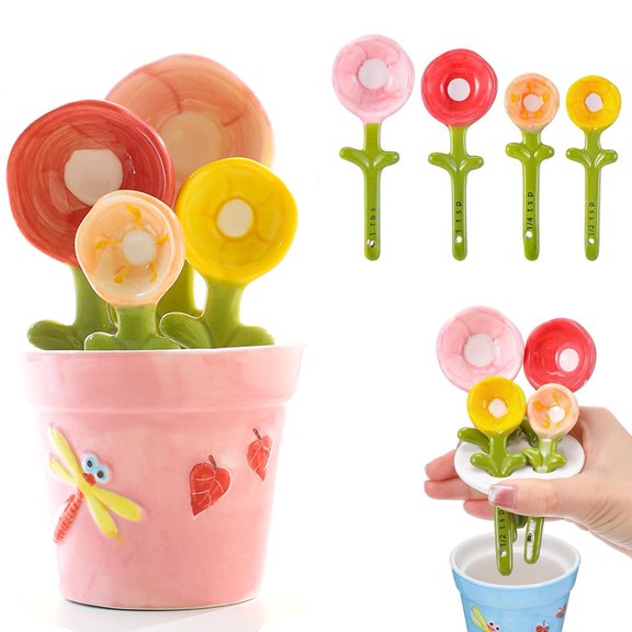 Flower Pot Measuring Spoons Set, Cute Ceramic Flower Spoons, Decorative Cute Figurine for Baking Cooking Kitchen Decor, Cute Cottagecore Measuring Spoons Gift for Baking Lovers