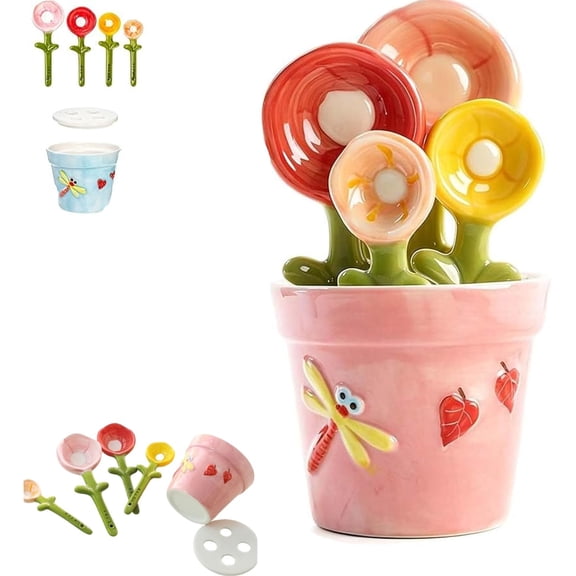 Flower Pot Measuring Spoons Set,t Ceramic Measuring Spoons Set of 5 with Base, Dishwasher Safe Scale Spoon for Dry & Liquid Ingredients, Decorative Kitchen Baking Gadgets Gifts