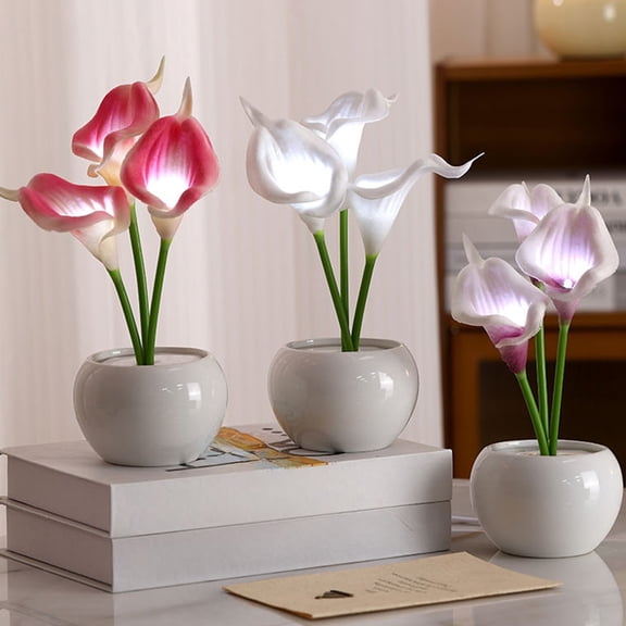 Flower Pot Night Light LED Desk Lamp with USB Power Mini Decorative Lamp for Bedroom, Living Room, Office, Gift, Ceramic Base, Pink, White, Purple, Ambiance Lighting, Decorative Flower Ornament
