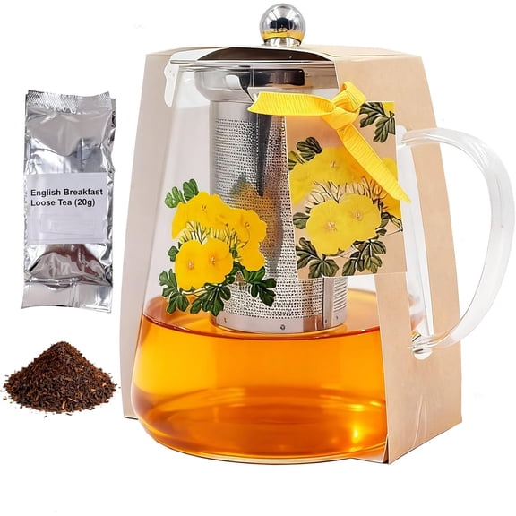 Flower  Pot Set Glass Teapot Stovetop and English Breakfast , 34OZ High Temperature Resistant Borosilicate Clear  Kettle with Infuser as  Lover Gifts Uesd for &Office Decor