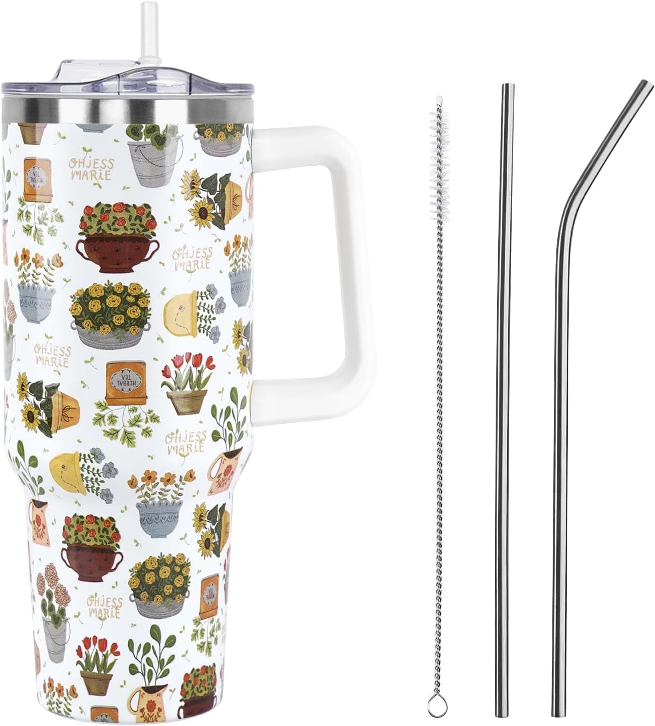 Flower Pot Tumbler with Handle and Straw Lid 40 oz,Cute Spring Summer Gift for Women Men Vacuum Insulated Leak Proof Stainless Steel Coffee Cup Mug