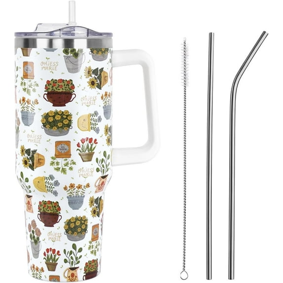 Flower Pot Tumbler with Handle and Straw Lid 40 oz,Cute Spring Summer Gift for Women Men Vacuum Insulated Leak Proof Stainless Steel Coffee Cup Mug