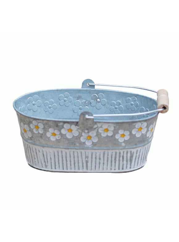 Flower Pot Vintage Daisy Embossed Garden Metal Tin Bucket Planter Pots with Handle Retro Home Decoration Wedding Window (Oval)