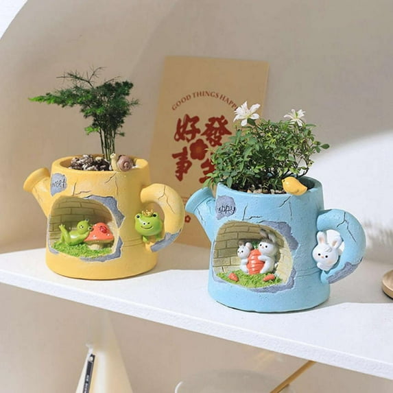 Flower Pot Zakka Cartoon Decoration Hand-painted Color Sprinkler Kettle Shape Cartoon Landscape Decoration Ornaments