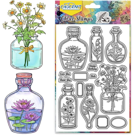 Flower Potion Tags Clear Stamps Flowers in Vase Transparent Handicraft Text Stamps for DIY