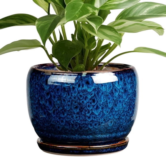 Flower Pots 6 inch, Modern Small Round Ceramic Planter with Drainage Hole and Saucer, Gift for Women & Mom, for Orchids & Indoor Plants, Blue Glaze