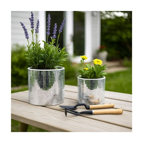 Flower Pots for Home Decor - Mosaic Planters for Indoor and Outdoor Succulents, Herbs, or Houseplants - Decorative Plant Pots for Living Room, Bedroom, Garden, or Patio Set of 2 - 7", 6" Silver