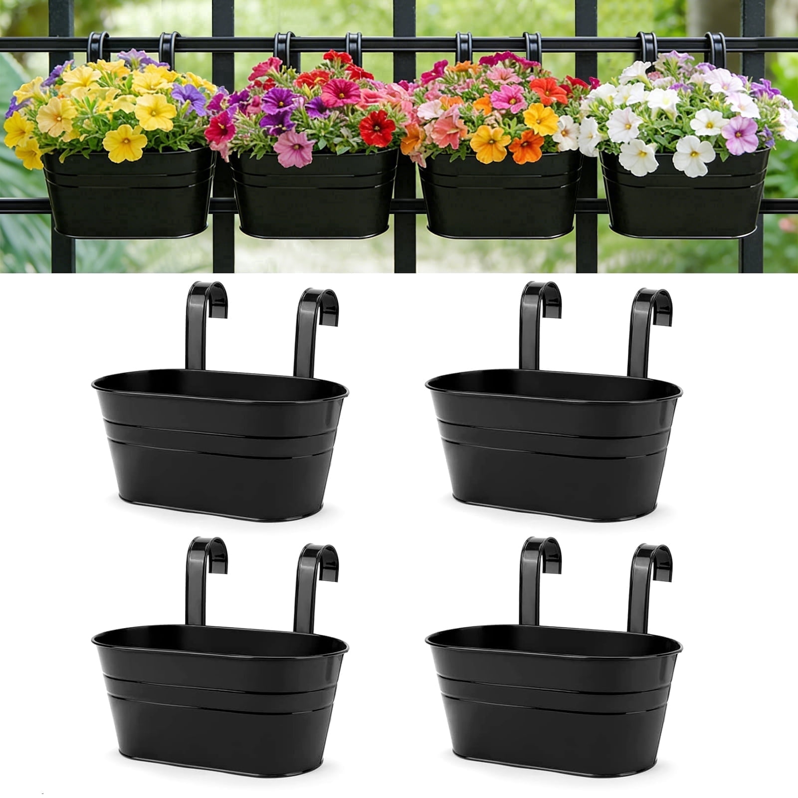 Flower Pots Metal Iron Hanging Flower Pots Garden Pots Balcony Planters Metal Bucket Flower Holder Wall Hanging Decorative Pot - Removable Hook (4 Pieces) (Black)