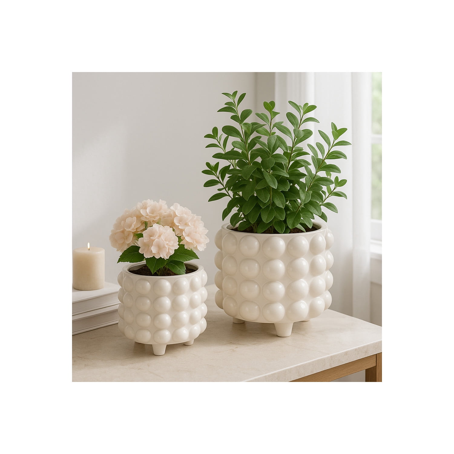 Round Bubble Flower Pots for Home Decor - Ceramic Planters with Texture for Outdoor and Indoor Plants  - Garden Plant Pots for Living Room or Patio Display - Set of 2, 10", 7", White