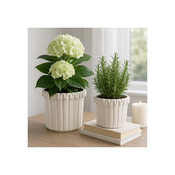 Flower Pots and Planters for Home Decor - Ceramic Pots Perfect for Indoor and Outdoor Use - Elegant Textured Pots for Plants for Garden, House, and Patio Decor - Set of 2, 8", 6", Ivory