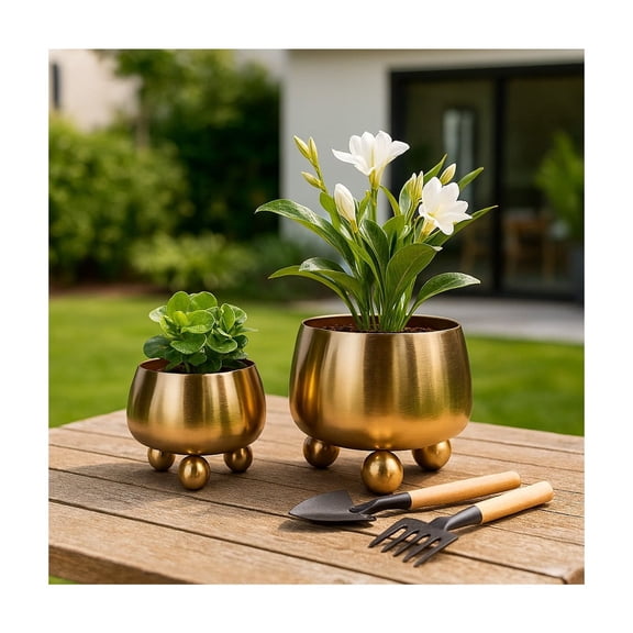 Flower Pots and Planters for Home Decor - Modern Plant Pots for Indoor and Outdoor Succulents, Herbs, and Ferns - Pots for Indoor Plant Stand Ideal for Garden, Patio, or Room Set of 2 - 9", 7" Gold