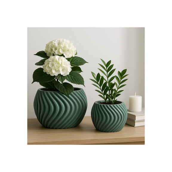 Contemporary Flower Pots for Home Decor - Ribbed Resin Planters for Indoor and Outdoor Display - Modern Plant Pots for Living Room, Patio, Shelf, and Entryway Styling - Set of 2, 8", 6", Green