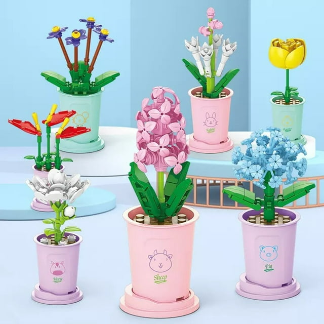 Flower Potted Plant Building Blocks Toy with Animals Pattern, DIY ...