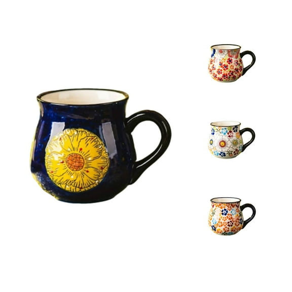Flower Pottery Mugs Handmade, Ceramic 15oz Coffee Cup, Blue