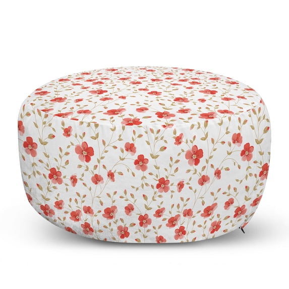 Flower Pouf Cover with Zipper, Flourishing Peonies in Vintage Style Flower Buds Bloom Summer Garden Art, Soft Decorative Fabric Unstuffed Case, 30" W X 17.3" L, Dark Coral White, by Ambesonne