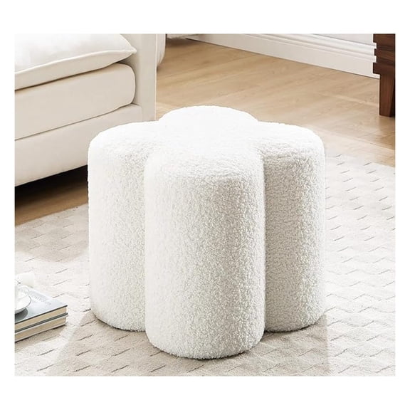 Flower Pouf Ottoman Foot Rest, Fabric Poofy Ottoman Footstool for Couch, Modern Living Room Stool Seat, Cute Square Vanity Stool for Bedroom Dorm, White