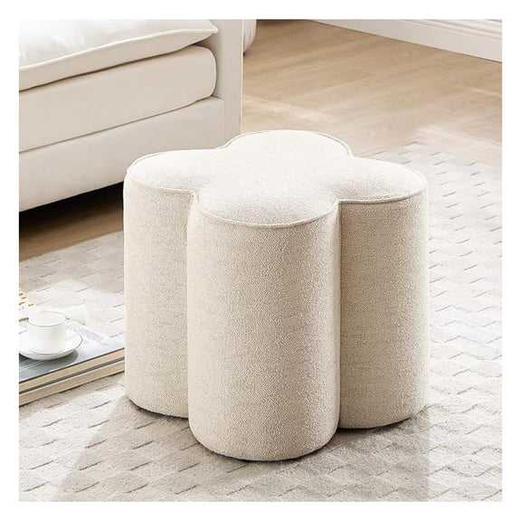 Flower Pouf Ottoman Foot Rest, Linen Fabric Poofy Ottoman Footstool for Couch, Modern Living Room Stool Seat, Cute Square Vanity Stool for Bedroom Dorm, Beige