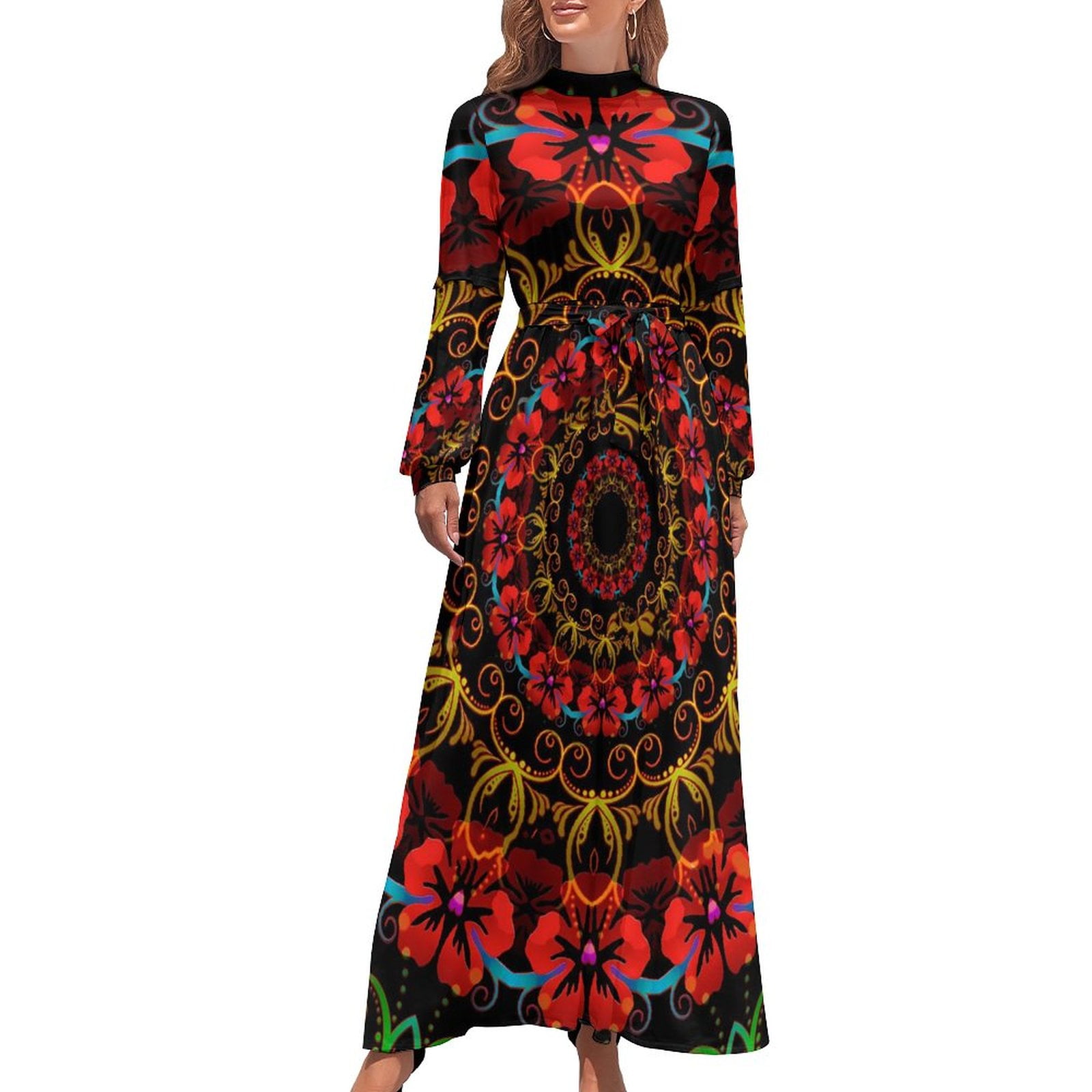 Flower Power Dress Red Floral Print Maxi Dress Streetwear Beach Long ...