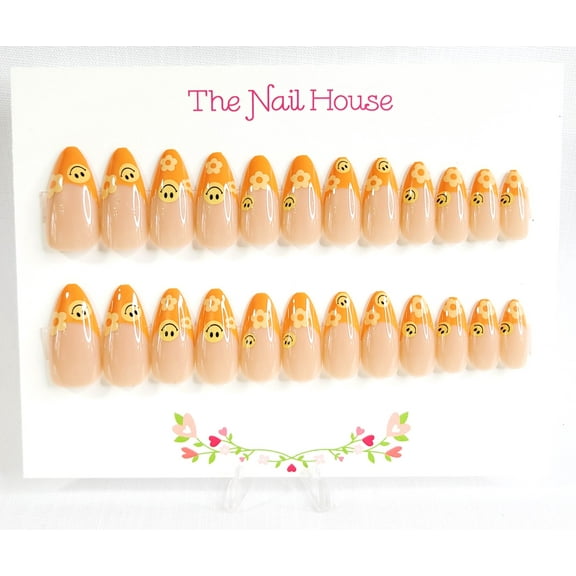 Flower Power French Manicure Almond Press-On Nails By The Nail House NH - 24 Pieces