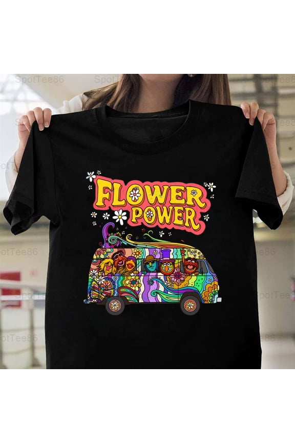 Flower Power Hippie Bus 60s Peace Love Retro Vintage Van Graphic V11584 Unisex T-Shirt, Up to Size 5XL