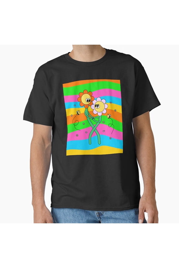 Flower Power Love Retro 70s Inspired Colorful Cartoon Graphic Unisex T-Shirt, up to size 5XL