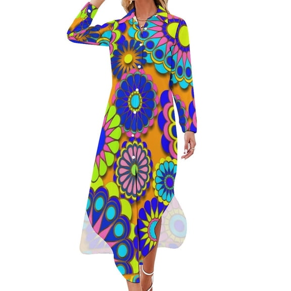 Flower Power Retro Style Hippy Flowers Long Sleeved Shirt Dress summer dress for women Dance dresses