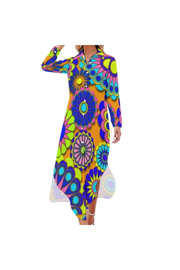 Flower Power Retro Style Hippy Flowers Long Sleeved Shirt Dress summer dress for women Dance dresses
