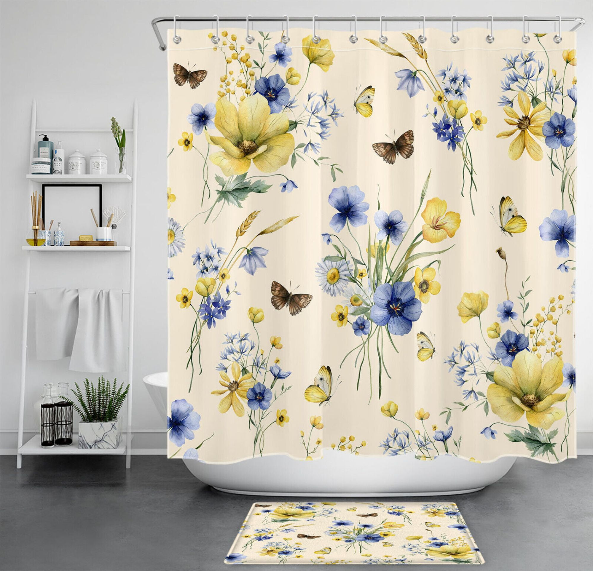 Flower Power Shower Blue and Beige Butterfly Bathroom Set