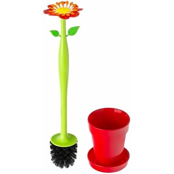 Flower Power Toilet Brush and Holder Set, Toilet Bowl Cleaner with Daisy-Shaped Handle, Flowerpot Base and Saucer, for House and Bathroom, Red