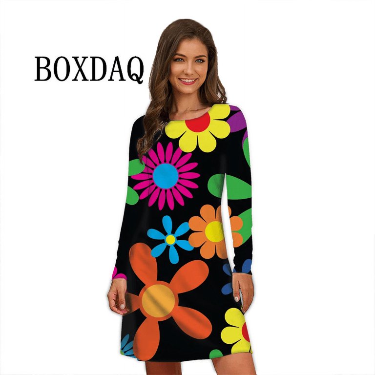 Flower Power Women Dress Retro Hippie 60s Elegant Long Sleeve