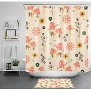Flower Power meets Whimsical Fungi: Beige Bathroom Set with Yellow Floral and Pink Mushroom