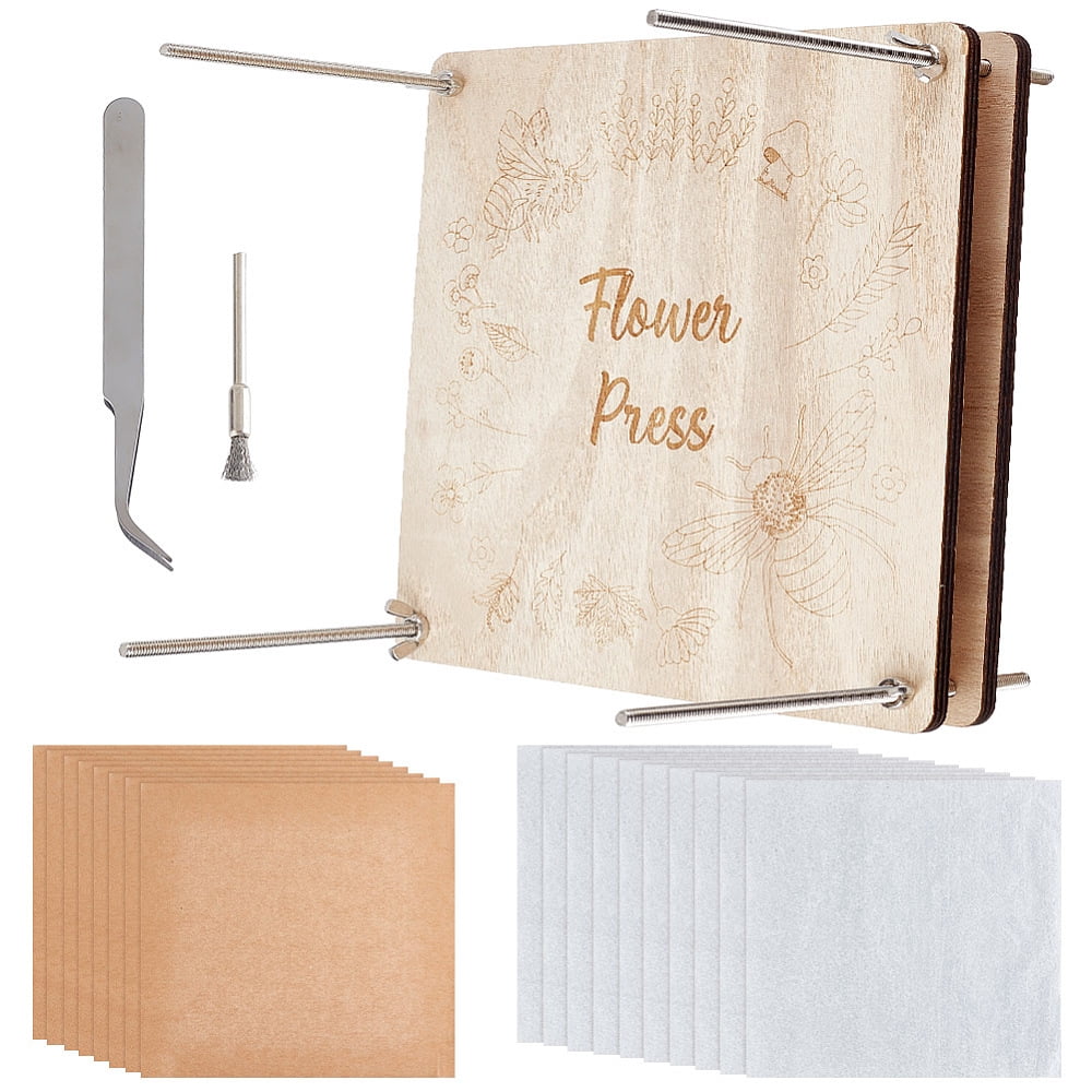 Flower Press Kits including Wood Sheet Craft Papers Tracing Paper Tweezers Polishing Brush Pens Bees 16.2~24.7x2.5~24.7x0.65~1.2cm 1 set