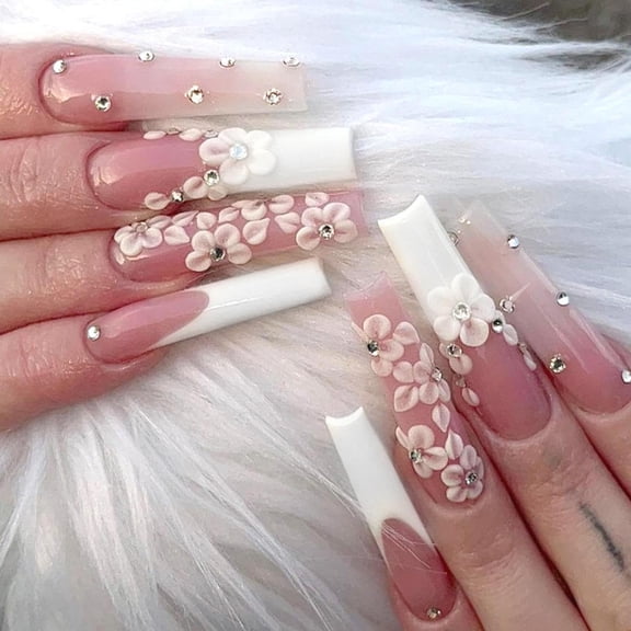 Flower Press on Nails Long Coffin Fake Nails White French Tip False Nails Glossy Artificial Reusable Rhinestone Stick on Nails Pink Glue on Nails for Women Girls Manicure 24pcs 06 long coffin 24 Fl O