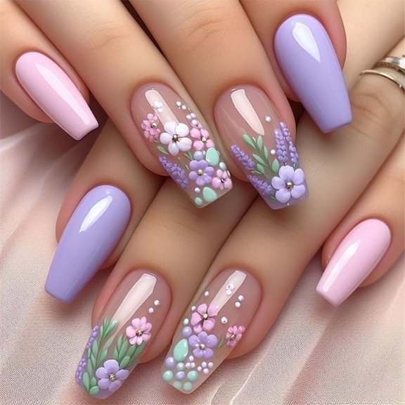 Flower Press on Nails Medium False Nails Spring Floral Design Acrylic Nails Full Cover Artificial Stick on Nails Glossy Coffin Colorful Nails for Women