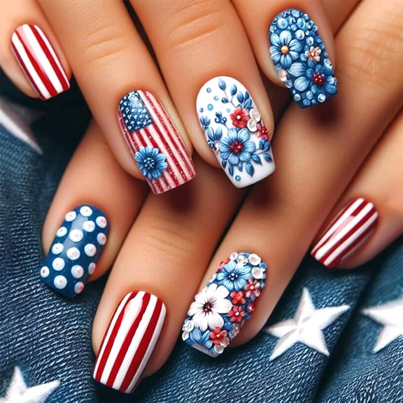 Flower Press on Nails Medium False Nails Spring Floral Design Acrylic Nails Full Cover Artificial Stick on Nails Glossy Coffin Colorful Nails for Women