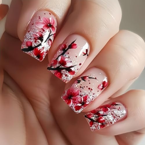 Flower Press Nails Medium Square Nails False Nails Artificial Coffin Nails Glitter Design Stick Nails Full Cover Spring Nails Glossy Glue Nails for Women