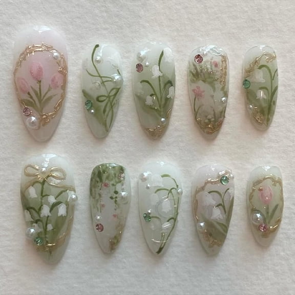 Flower Press on Nails Short Almond Fake Nails Pearl False Nails with Designs 3D Gold Rhinestones Glossy Full Cover Acrylic Nails Green Glue on Nails Artificial Stick on Nails for Women Manicure 30Pcs