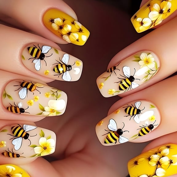 Spring Flower False Nails Coffin Acrylic Nails on Nails Full Covers Artificial Nails Manicure Nails Art