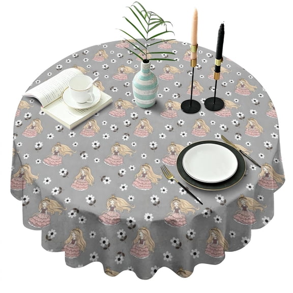 Flower Princess Pattern Round Tablecloth 60"x60",Wrinkle Wipeable Table Cloth for Kitchen Dining Room Picnic Patio Party