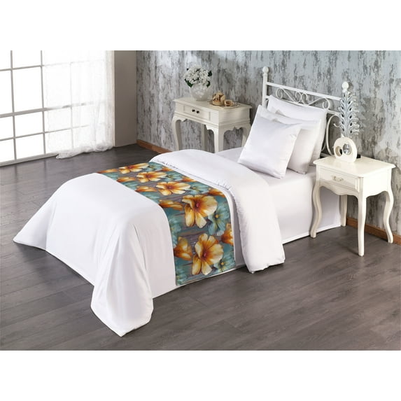 Flower Print Bed Runner, Painting Like Floral Motifs on Pale Eggplant Toned Backdrop Art, Decorative Accent Bedding Scarf for Hotels Homes & Guest Rooms, Twin, Burnt Orange Cadet Blue, by Ambesonne