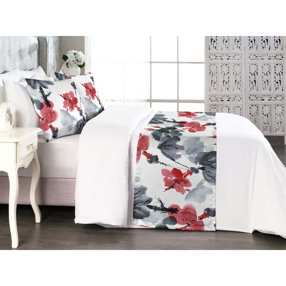 Flower Print Bed Runner Set, Repeating Spring Floral Pattern with Soft Brushstrokes Watercolor Art, Decorative Bedding Scarf & 2 Pillow Shams for Hotels Homes, King, Pale Ruby Dimgray, by Ambesonne