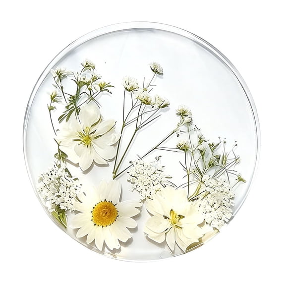 Flower Print Coaster, Decorative Acrylic Flower Round Coaster for Home Table, for Cup Drink and Glass Protection White