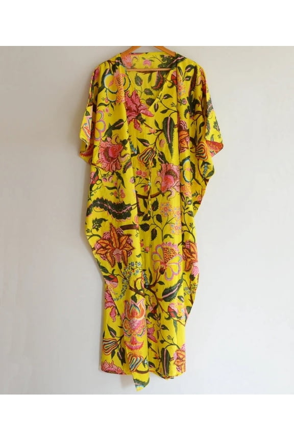 Flower Print Cotton Fabric Indian Kaftan Dress Long Top Caftan, Dress Beach Wear Cover up, Printed Sleepwear Maxi Dress Boho Kimono Robe