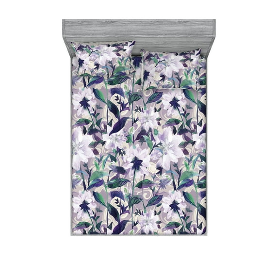 Flower Print Fitted Sheet & Pillow Sham Set, Watercolor Floral Botanical Pattern on Vintage Abstract Background, Decorative Printed 3 Piece Bedding Decor, Full, Mauve Sea Green Quartz, by Ambesonne